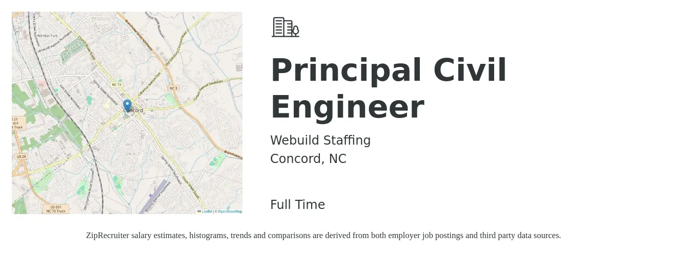 Webuild Staffing job posting for a Principal Civil Engineer in Concord, NC with a salary of $62,900 to $91,700 Yearly with a map of Concord location.