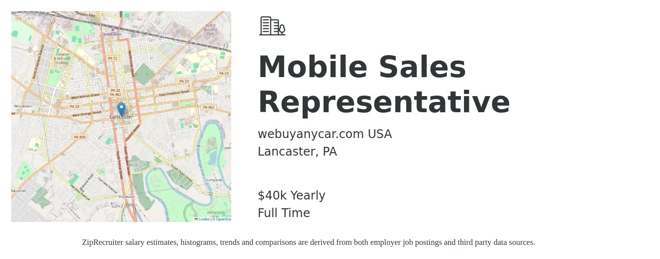 webuyanycar.com USA job posting for a Mobile Sales Representative in Lancaster, PA with a salary of $40,000 Yearly with a map of Lancaster location.