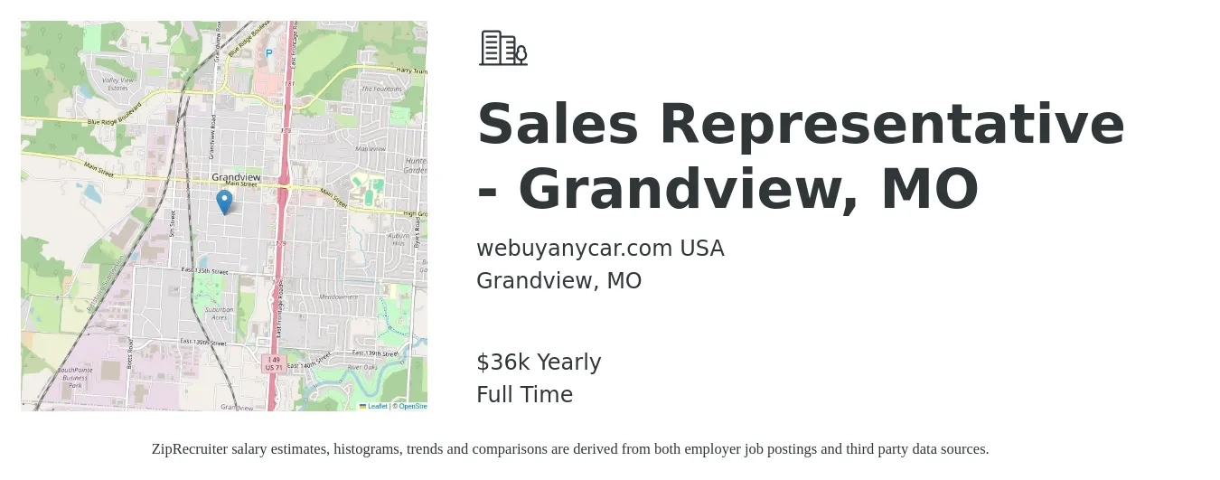 webuyanycar.com USA job posting for a Sales Representative - Grandview, MO in Grandview, MO with a salary of $36,500 Yearly with a map of Grandview location.