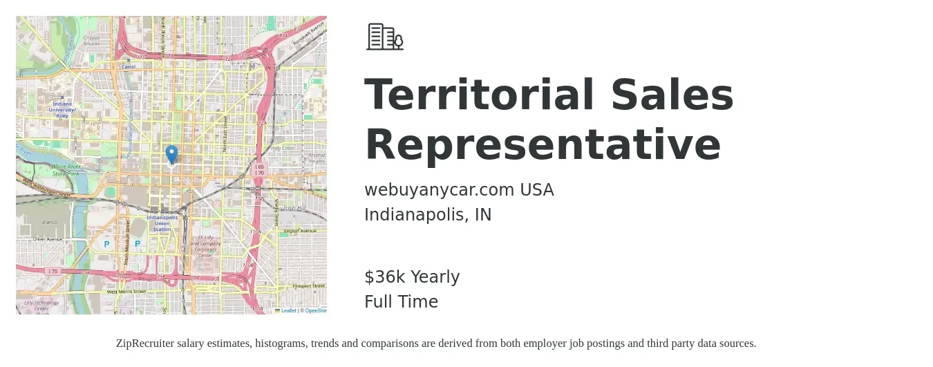 webuyanycar.com USA job posting for a Territorial Sales Representative in Indianapolis, IN with a salary of $36,500 Yearly with a map of Indianapolis location.