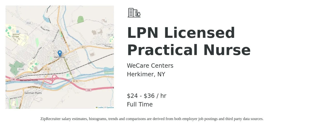 WeCare Centers job posting for a LPN Licensed Practical Nurse in Herkimer, NY with a salary of $26 to $38 Hourly with a map of Herkimer location.