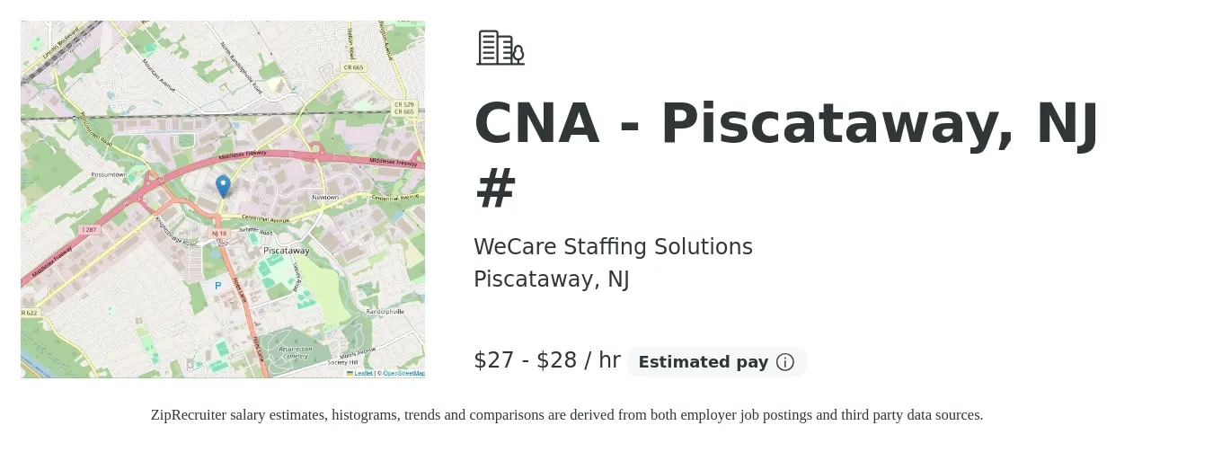 WeCare Staffing Solutions job posting for a CNA - Piscataway, NJ # in Piscataway, NJ with a salary of $29 to $30 Hourly with a map of Piscataway location.