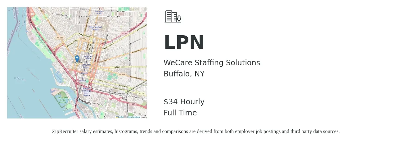 WeCare Staffing Solutions job posting for a LPN in Buffalo, NY with a salary of $36 to $38 Hourly with a map of Buffalo location.