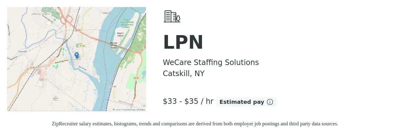 WeCare Staffing Solutions job posting for a LPN in Catskill, NY with a salary of $35 to $37 Hourly with a map of Catskill location.