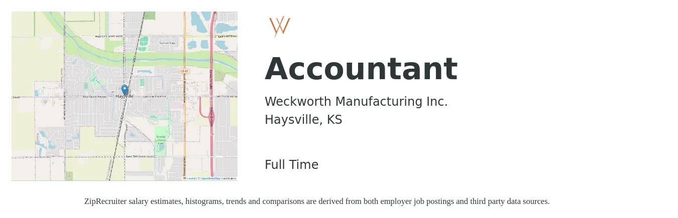 Weckworth Manufacturing Inc. job posting for a Accountant in Haysville, KS with a salary of $40,900 to $60,000 Yearly with a map of Haysville location.