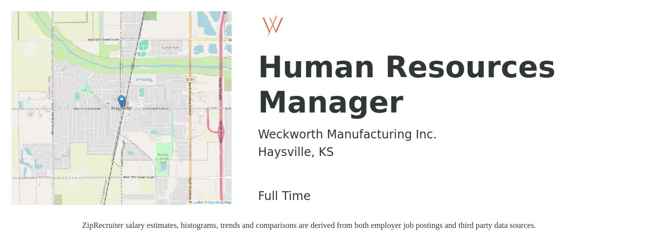 Weckworth Manufacturing Inc. job posting for a Human Resources Manager in Haysville, KS with a salary of $52,800 to $76,500 Yearly with a map of Haysville location.