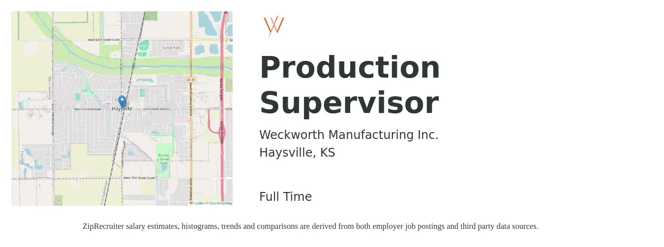 Weckworth Manufacturing Inc. job posting for a Production Supervisor in Haysville, KS with a salary of $42,800 to $61,600 Yearly with a map of Haysville location.