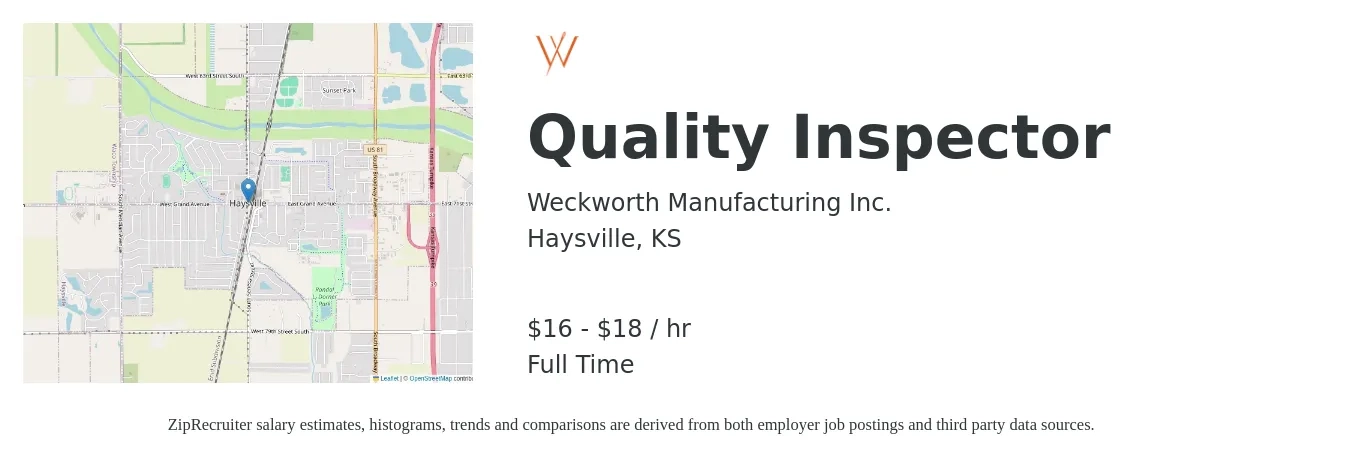 Weckworth Manufacturing Inc. job posting for a Quality Inspector in Haysville, KS with a salary of $17 to $19 Hourly with a map of Haysville location.