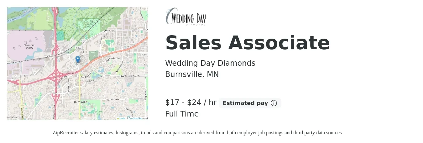 Wedding Day Diamonds job posting for a Sales Associate in Burnsville, MN with a salary of $18 to $25 Hourly with a map of Burnsville location.