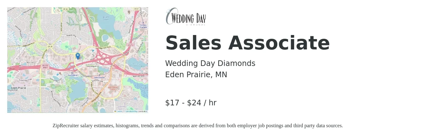 Wedding Day Diamonds job posting for a Sales Associate in Eden Prairie, MN with a salary of $18 to $25 Hourly with a map of Eden Prairie location.