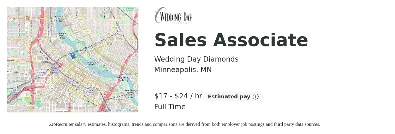 Wedding Day Diamonds job posting for a Sales Associate in Minneapolis, MN with a salary of $18 to $25 Hourly with a map of Minneapolis location.