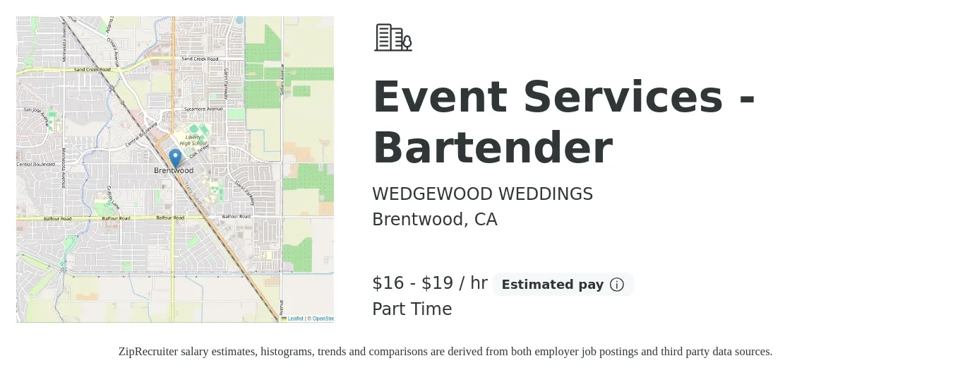 WEDGEWOOD WEDDINGS job posting for a Event Services - Bartender in Brentwood, CA with a salary of $17 to $20 Hourly with a map of Brentwood location.