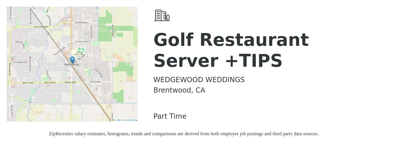 WEDGEWOOD WEDDINGS job posting for a Golf Restaurant Server +TIPS in Brentwood, CA with a salary of $16 Hourly with a map of Brentwood location.