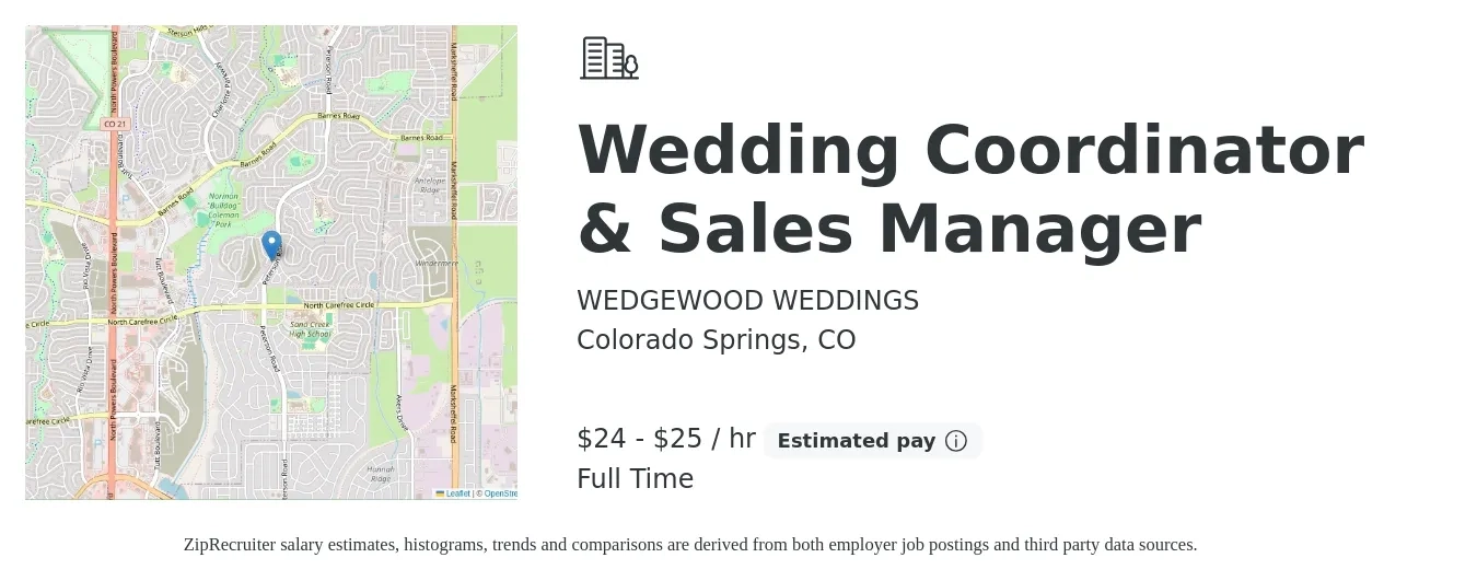 WEDGEWOOD WEDDINGS job posting for a Wedding Coordinator & Sales Manager in Colorado Springs, CO with a salary of $25 to $27 Hourly with a map of Colorado Springs location.