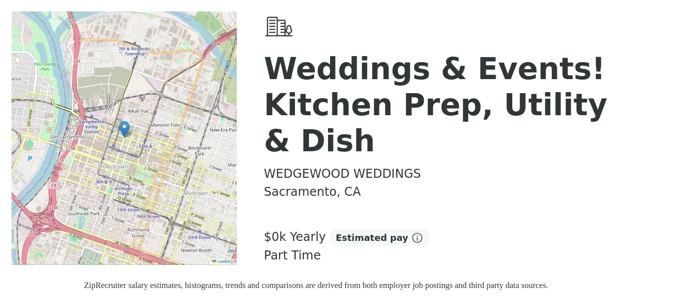 WEDGEWOOD WEDDINGS job posting for a Weddings & Events! Kitchen Prep, Utility & Dish in Sacramento, CA with a salary of $20 to $21 Yearly with a map of Sacramento location.
