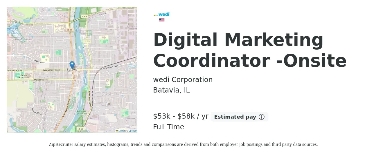 wedi Corporation job posting for a Digital Marketing Coordinator -Onsite in Batavia, IL with a salary of $53,000 to $58,000 Yearly with a map of Batavia location.