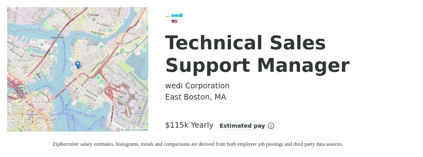 wedi Corporation job posting for a Technical Sales Support Manager in East Boston, MA with a salary of $115,000 Yearly with a map of East Boston location.