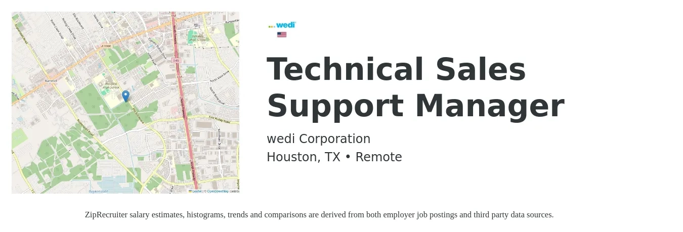 wedi Corporation job posting for a Technical Sales Support Manager in Houston, TX with a salary of $115,000 Yearly with a map of Houston location.