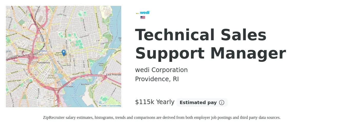 wedi Corporation job posting for a Technical Sales Support Manager in Providence, RI with a salary of $115,000 Yearly with a map of Providence location.