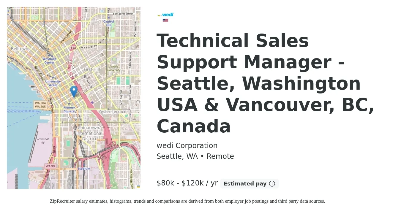 wedi Corporation job posting for a Technical Sales Support Manager - Seattle, Washington USA & Vancouver, BC, Canada in Seattle, WA with a salary of $80,000 to $120,000 Yearly with a map of Seattle location.