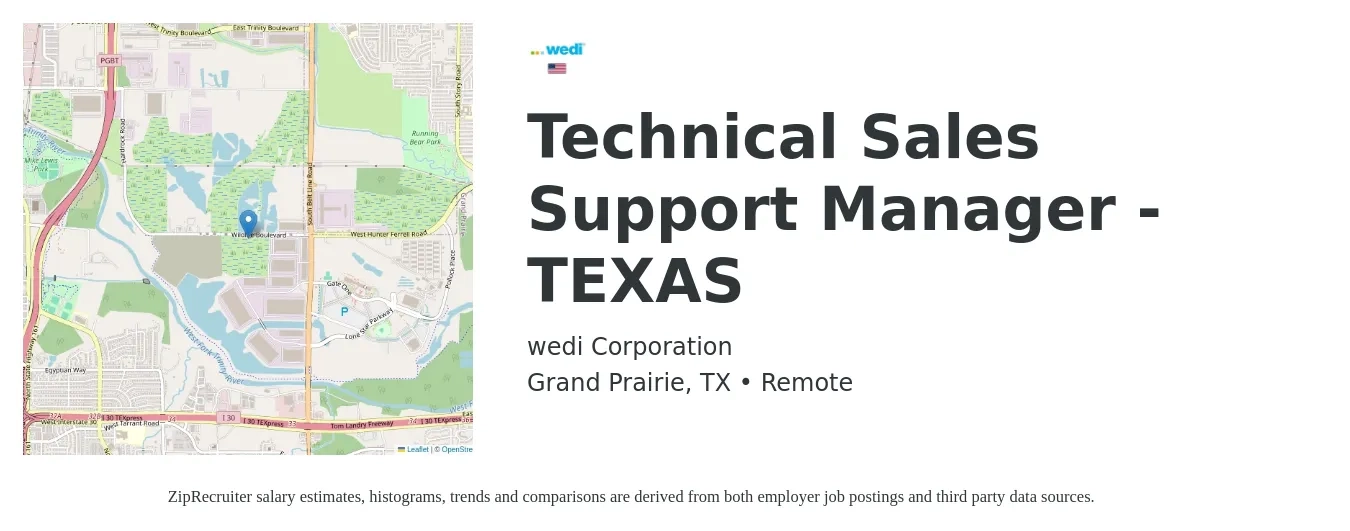 wedi Corporation job posting for a Technical Sales Support Manager - TEXAS in Grand Prairie, TX with a salary of $115,000 Yearly with a map of Grand Prairie location.