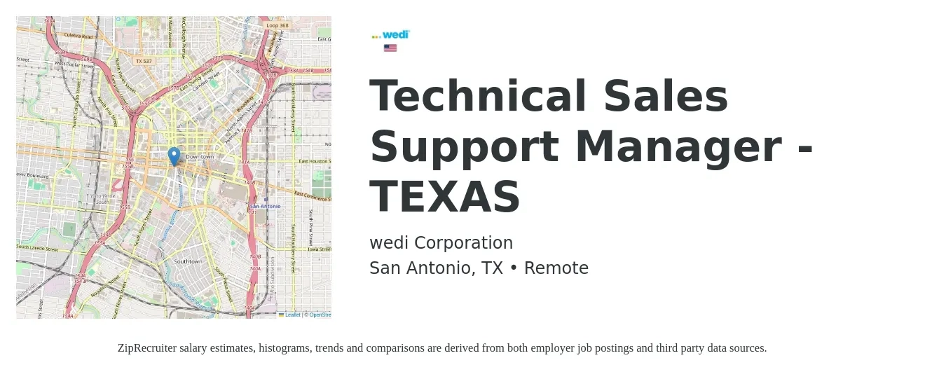 wedi Corporation job posting for a Technical Sales Support Manager - TEXAS in San Antonio, TX with a salary of $22 to $39 Hourly with a map of San Antonio location.