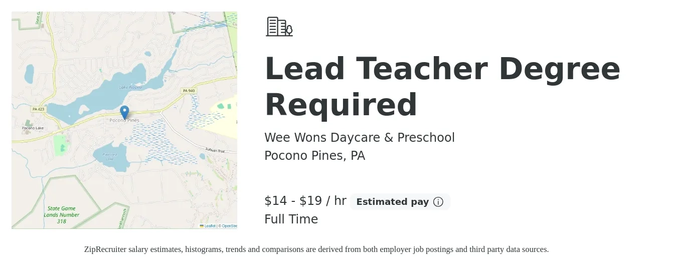 Wee Wons Daycare & Preschool job posting for a Lead Teacher Degree Required in Pocono Pines, PA with a salary of $15 to $20 Hourly with a map of Pocono Pines location.