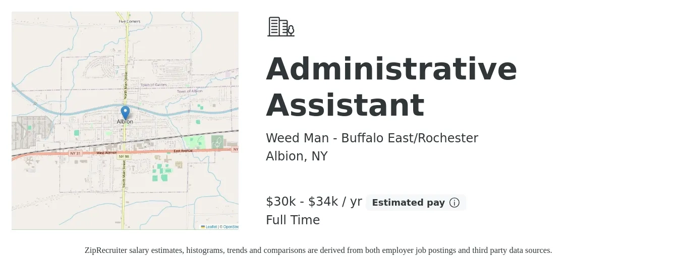Weed Man - Buffalo East/Rochester job posting for a Administrative Assistant in Albion, NY with a salary of $30,000 to $34,000 Yearly with a map of Albion location.