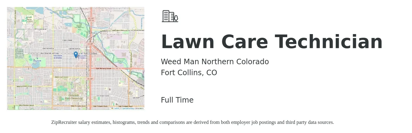 Weed Man Northern Colorado job posting for a Lawn Care Technician in Fort Collins, CO with a salary of $750 to $1,500 Weekly with a map of Fort Collins location.