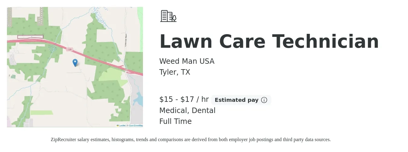 Weed Man USA job posting for a Lawn Care Technician in Tyler, TX with a salary of $16 to $18 Hourly and benefits including dental, and medical with a map of Tyler location.