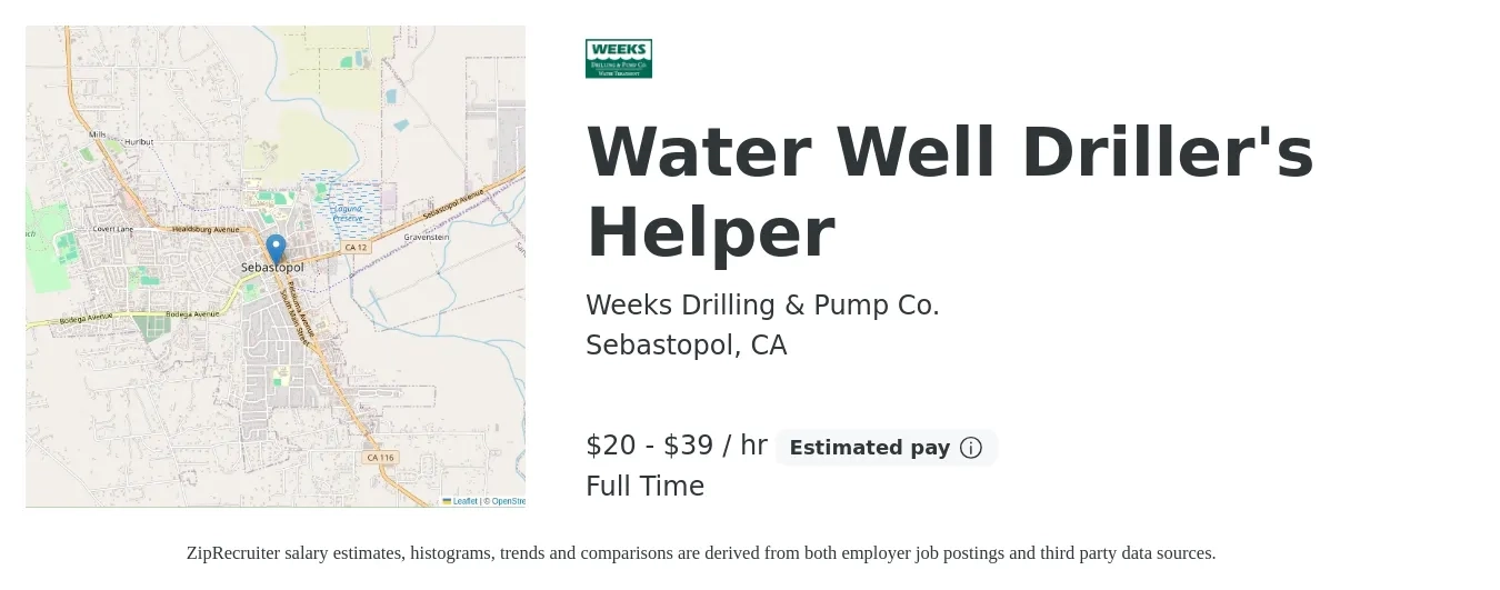 Weeks Drilling & Pump Co. job posting for a Water Well Driller's Helper in Sebastopol, CA with a salary of $21 to $41 Hourly with a map of Sebastopol location.