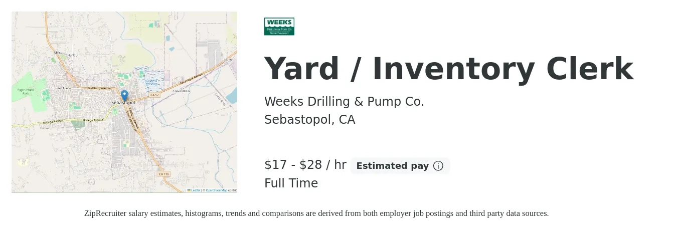 Weeks Drilling & Pump Co. job posting for a Yard / Inventory Clerk in Sebastopol, CA with a salary of $18 to $30 Hourly with a map of Sebastopol location.