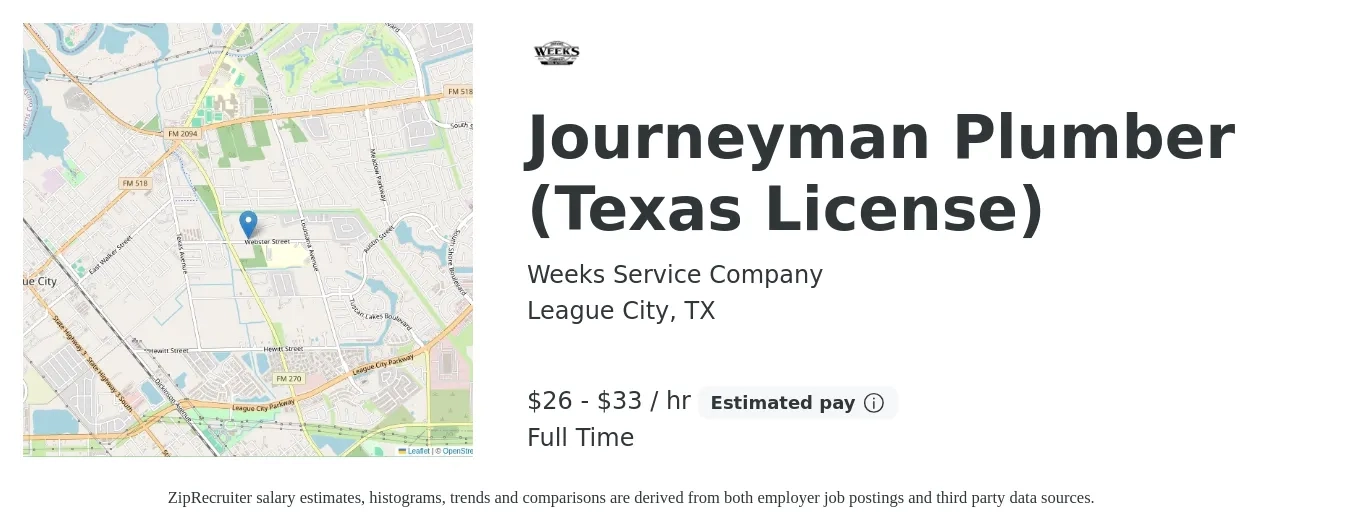 Weeks Service Company job posting for a Journeyman Plumber (Texas License) in League City, TX with a salary of $30 to $40 Hourly with a map of League City location.