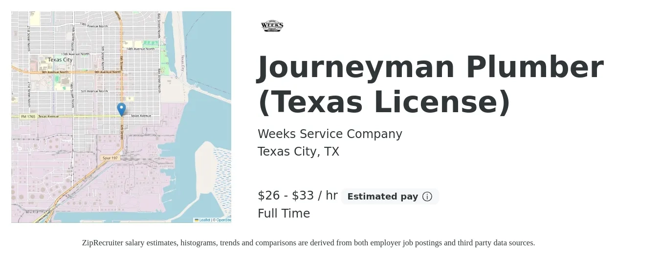 Weeks Service Company job posting for a Journeyman Plumber (Texas License) in Texas City, TX with a salary of $30 to $40 Hourly with a map of Texas City location.
