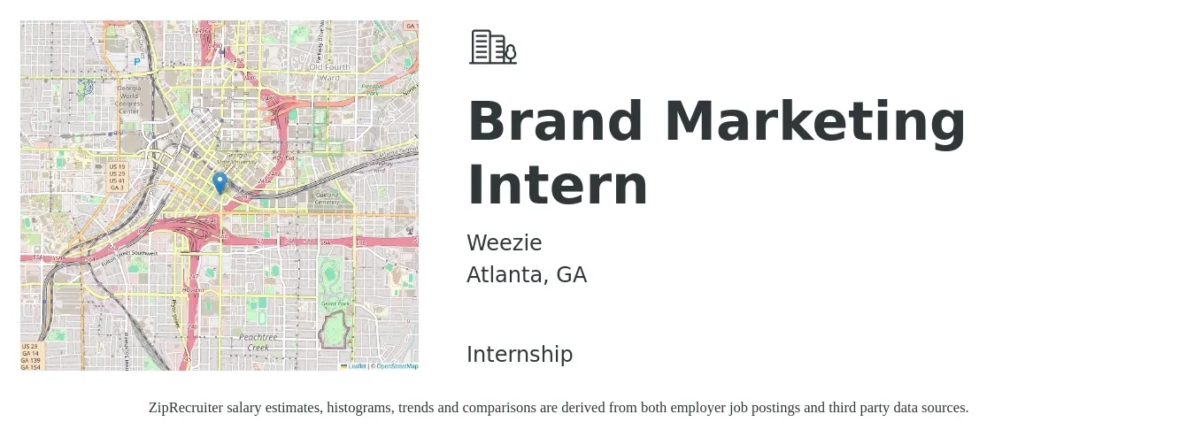 Weezie job posting for a Brand Marketing Intern in Atlanta, GA with a salary of $16 to $20 Hourly with a map of Atlanta location.