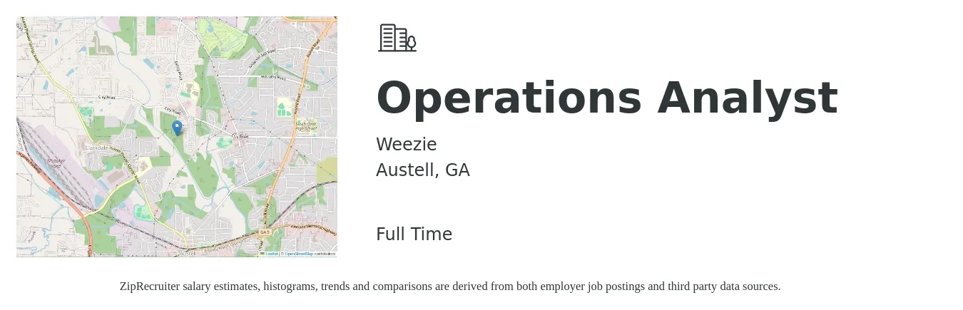 Weezie job posting for a Operations Analyst in Austell, GA with a salary of $22 to $38 Hourly with a map of Austell location.