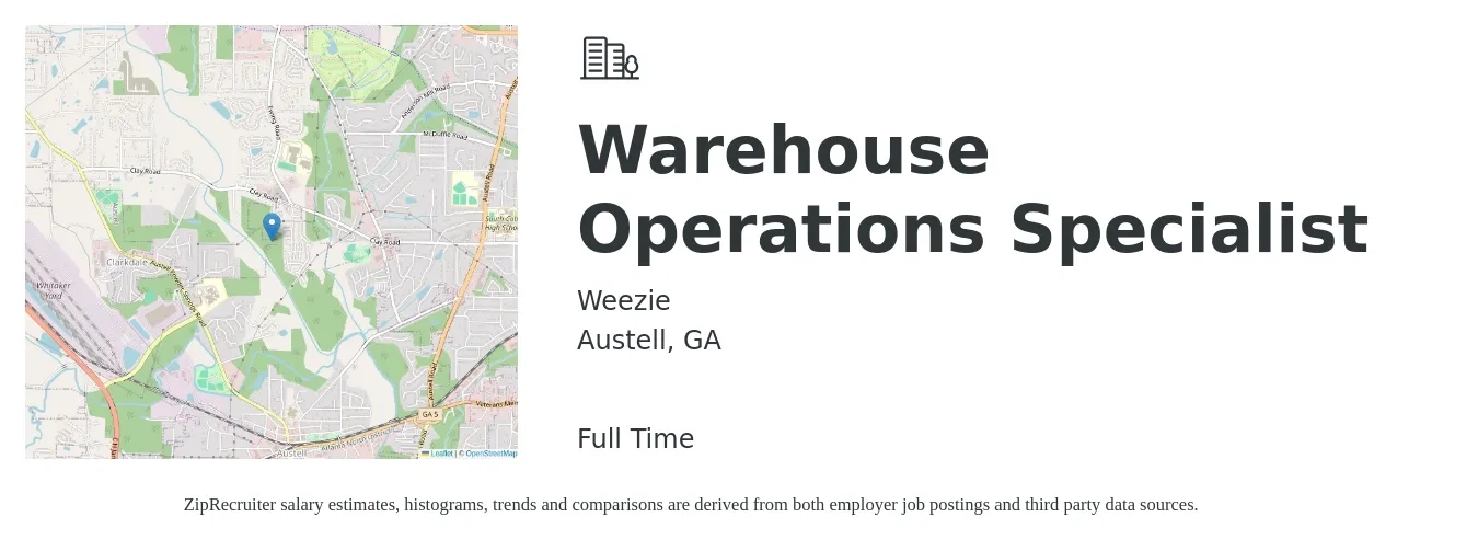 Weezie job posting for a Warehouse Operations Specialist in Austell, GA with a salary of $16 to $19 Hourly with a map of Austell location.