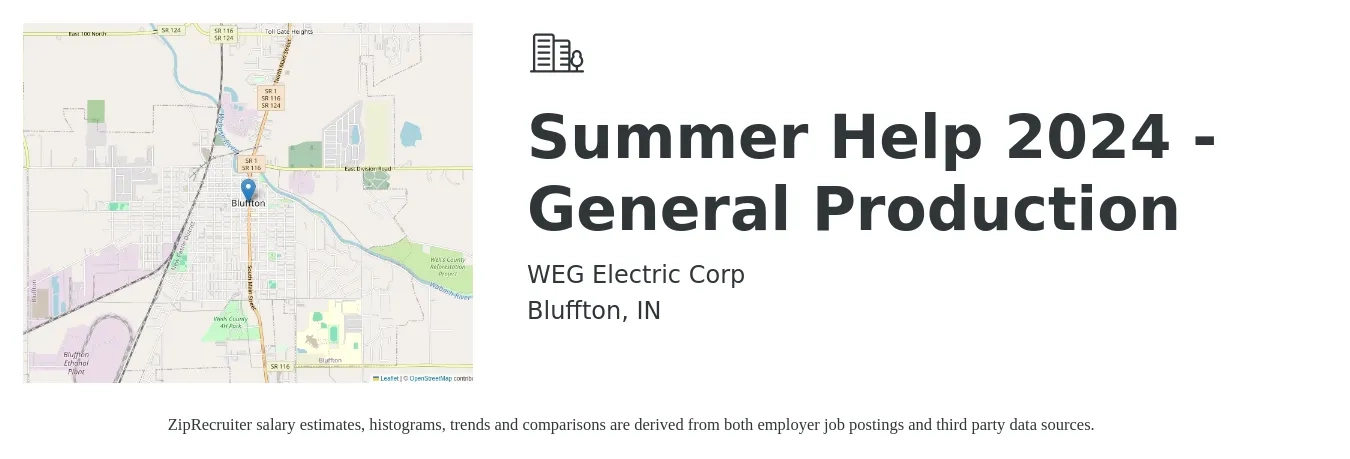 WEG Electric Corp job posting for a Summer Help 2024 - General Production in Bluffton, IN with a salary of $14 to $17 Hourly with a map of Bluffton location.