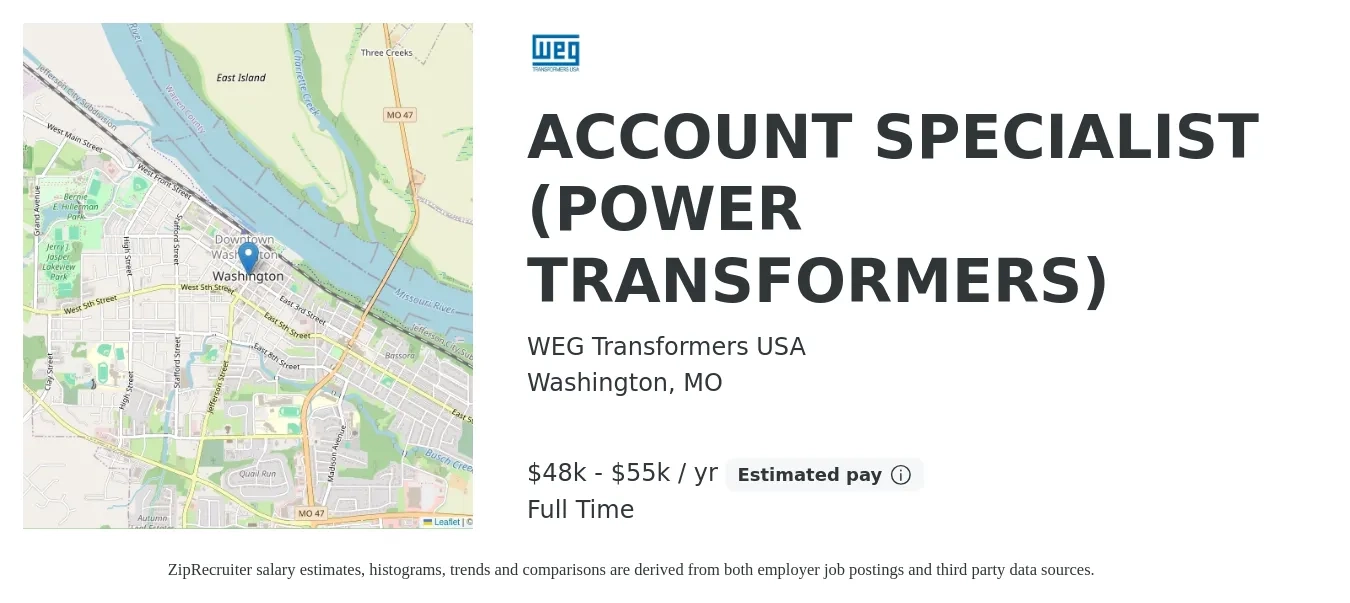 WEG Transformers USA job posting for a ACCOUNT SPECIALIST (POWER TRANSFORMERS) in Washington, MO with a salary of $48,800 to $55,000 Yearly with a map of Washington location.