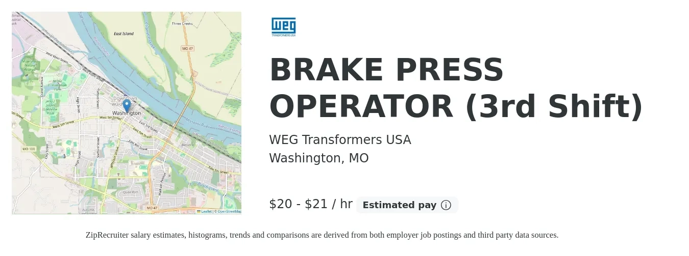 WEG Transformers USA job posting for a BRAKE PRESS OPERATOR (3rd Shift) in Washington, MO with a salary of $21 to $23 Hourly with a map of Washington location.