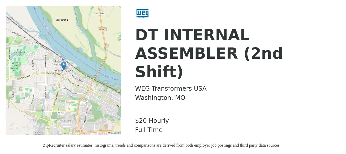 WEG Transformers USA job posting for a DT INTERNAL ASSEMBLER (2nd Shift) in Washington, MO with a salary of $22 to $23 Hourly with a map of Washington location.