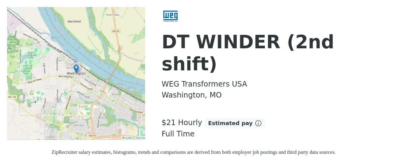 WEG Transformers USA job posting for a DT WINDER (2nd shift) in Washington, MO with a salary of $22 to $23 Hourly with a map of Washington location.