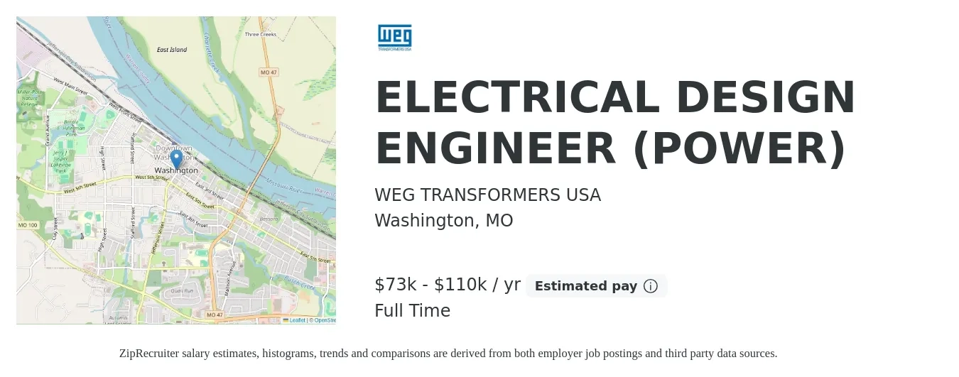 WEG Transformers USA job posting for a ELECTRICAL DESIGN ENGINEER (POWER) in Washington, MO with a salary of $73,100 to $110,000 Yearly with a map of Washington location.