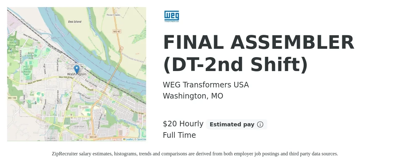 WEG Transformers USA job posting for a FINAL ASSEMBLER (DT-2nd Shift) in Washington, MO with a salary of $21 Hourly with a map of Washington location.