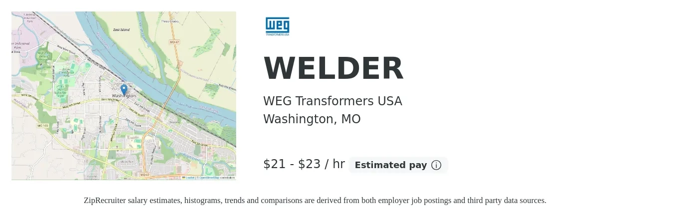 WEG Transformers USA job posting for a WELDER in Washington, MO with a salary of $22 to $25 Hourly with a map of Washington location.
