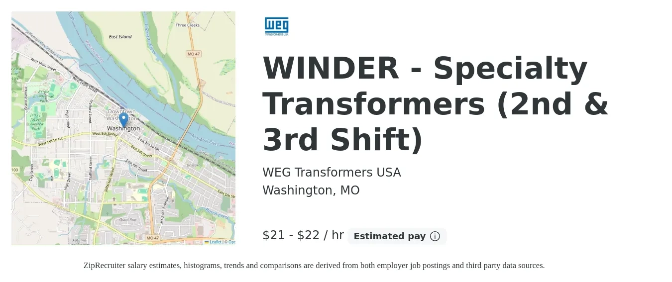 WEG Transformers USA job posting for a WINDER - Specialty Transformers (2nd & 3rd Shift) in Washington, MO with a salary of $22 to $23 Hourly with a map of Washington location.