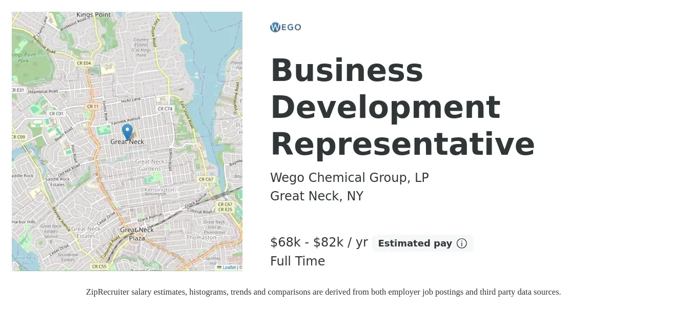 Wego Chemical Group, LP job posting for a Business Development Representative in Great Neck, NY with a salary of $68,000 to $82,000 Yearly with a map of Great Neck location.