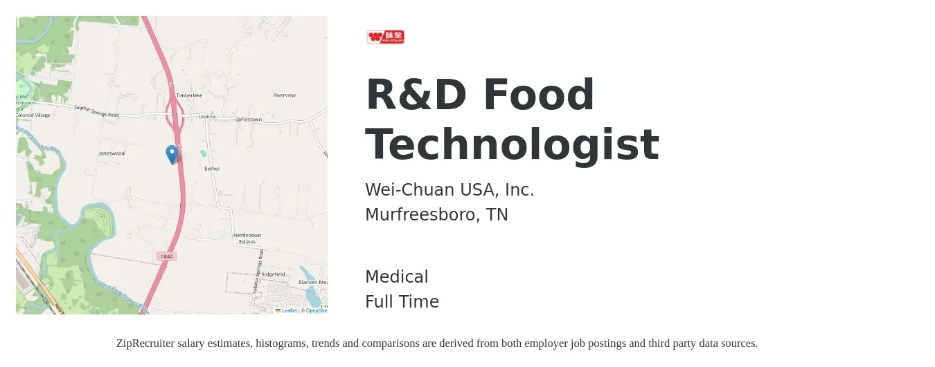 Wei-Chuan USA, Inc. job posting for a R&D Food Technologist in Murfreesboro, TN with a salary of $22 to $31 Hourly and benefits including medical, pto, and retirement with a map of Murfreesboro location.