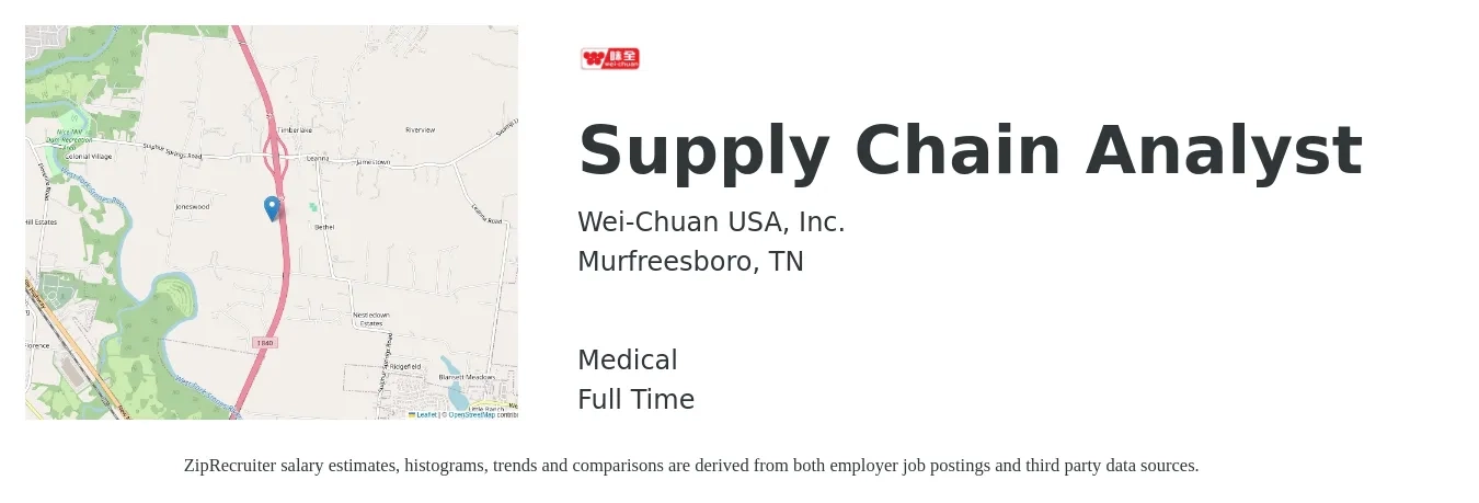 Wei-Chuan USA, Inc. job posting for a Supply Chain Analyst in Murfreesboro, TN with a salary of $52,100 to $73,700 Yearly and benefits including medical, pto, and retirement with a map of Murfreesboro location.