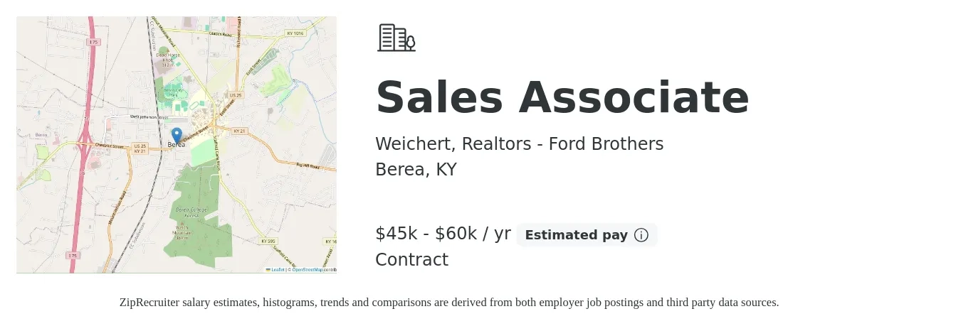 Weichert, Realtors - Ford Brothers job posting for a Sales Associate in Berea, KY with a salary of $45,000 to $60,000 Yearly with a map of Berea location.